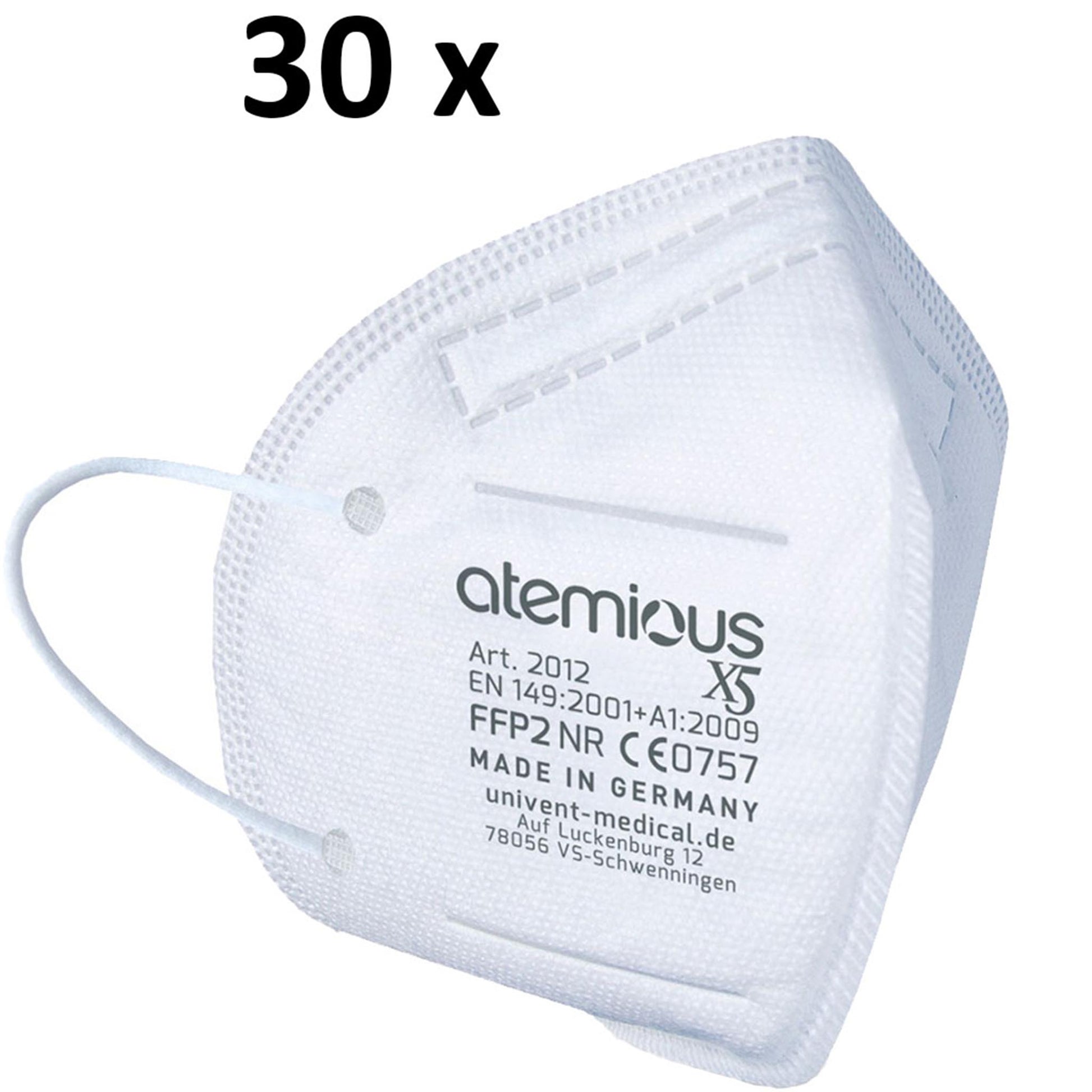 Profilansicht der atemious X2 FFP2-Atemschutzmaske an einer Person – illustriert das flache Design, die sichere Abdichtung an den Wangen und die elastischen, weißen Ohrschlaufen.