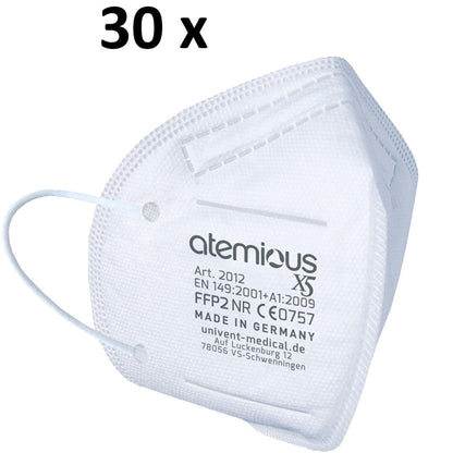 Profilansicht der atemious X2 FFP2-Atemschutzmaske an einer Person – illustriert das flache Design, die sichere Abdichtung an den Wangen und die elastischen, weißen Ohrschlaufen.