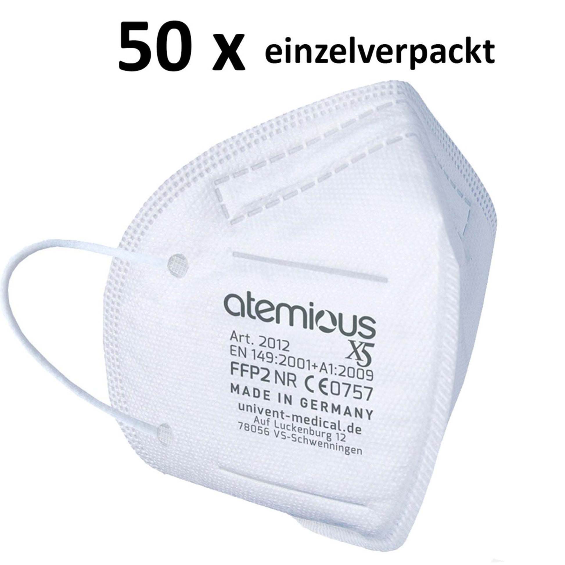 Schräge Seitenansicht der atemious X2 FFP2-Atemschutzmaske an einer Person – verdeutlicht die Kinnabdeckung, den hohen Tragekomfort und die hochwertige Verarbeitung des Made in Germany Vliesmaterials.