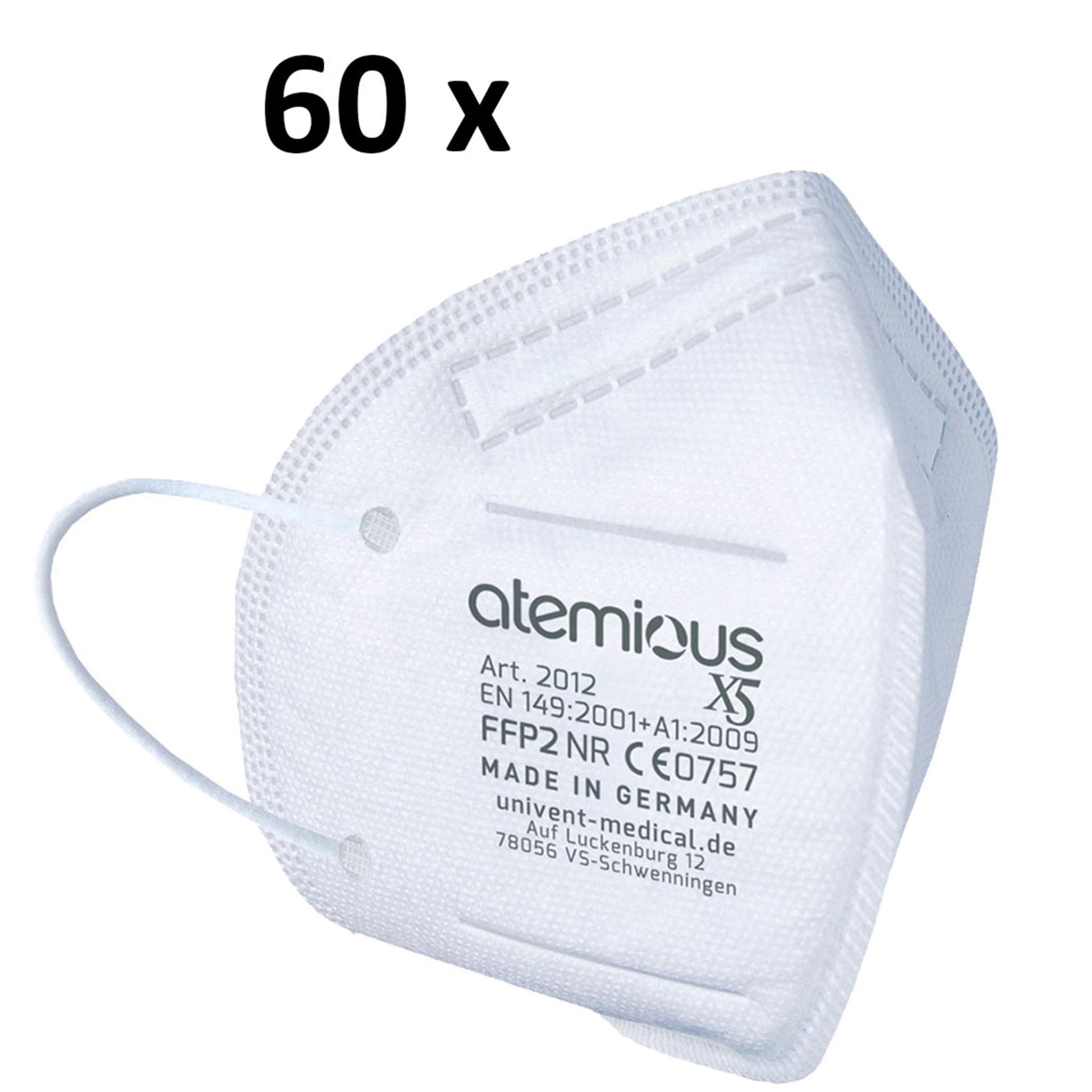 Detaillierte Seitenansicht der atemious X2 FFP2-Atemschutzmaske in Weiß – zeigt die präzise Passform im Nasenbereich, die CE2233 Kennzeichnung und die weichen, elastischen Ohrschlaufen für hohen Komfort.