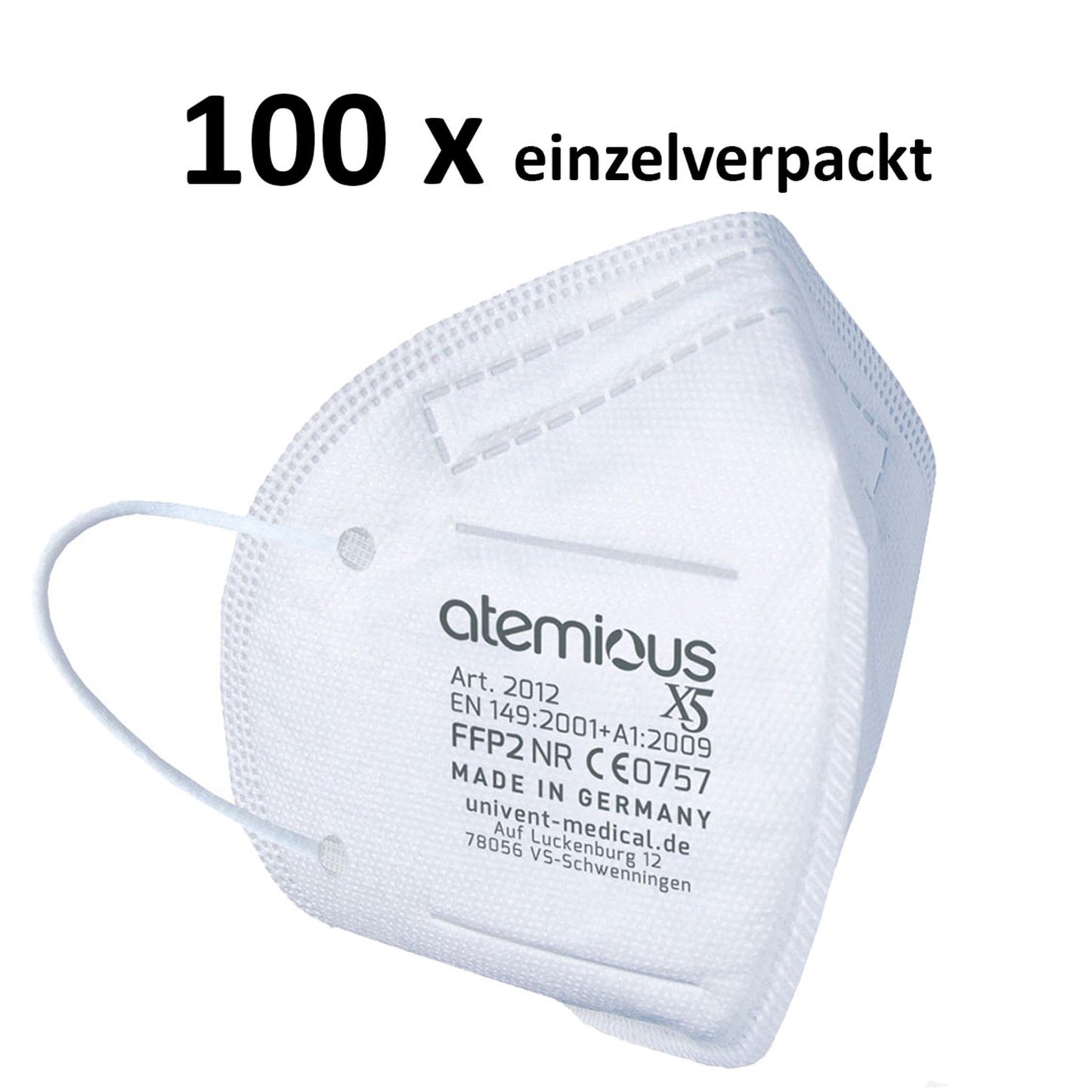 Halbprofil-Ansicht einer Person mit der atemious X2 FFP2-Atemschutzmaske in Weiß – zeigt den sicheren Sitz unter dem Kinn und die komfortable Befestigung der Ohrschlaufen.