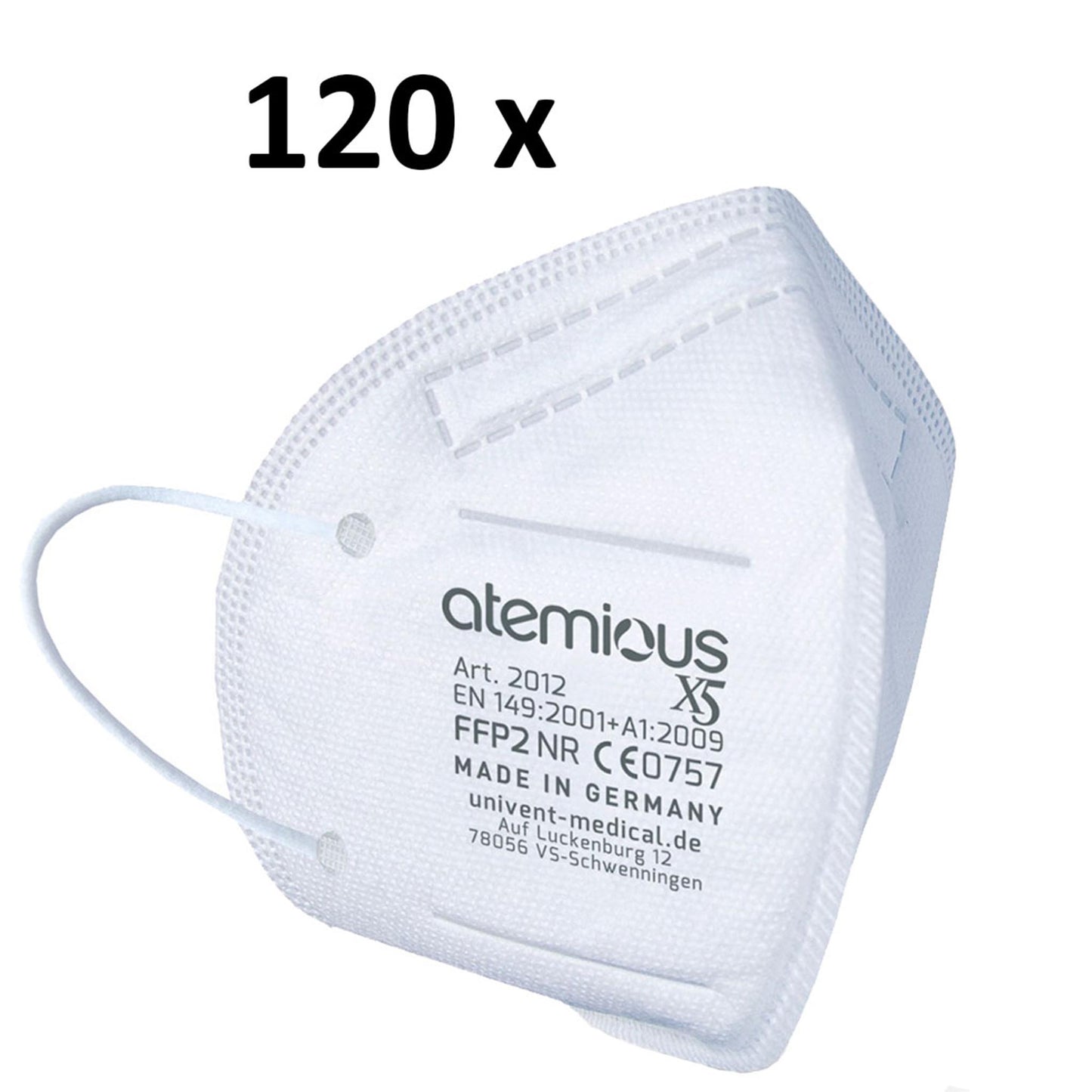 Frontalansicht einer Person mit der atemious X2 FFP2-Atemschutzmaske in Weiß – zeigt die optimale Gesichtsabdeckung, den stabilen Nasenbügel und die weichen Ohrschlaufen für Brillenträger geeignet.