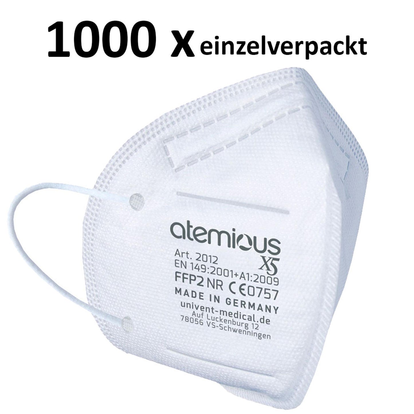 Detailaufnahme der atemious X5 FFP2-Atemschutzmaske mit Fokus auf die CE-Kennzeichnung (CE 2233), EN-Norm und das „Made in Germany“-Siegel auf dem weißen Komfort-Vlies.