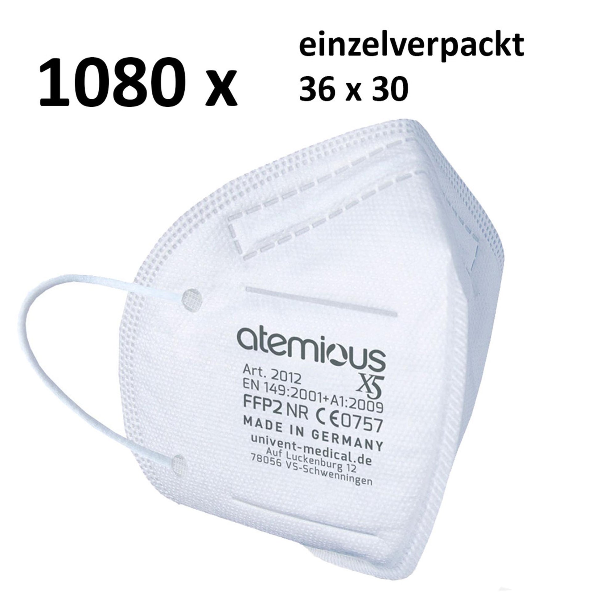 Profilansicht der atemious X5 FFP2-Atemschutzmaske an einer Person – illustriert das schlanke Design, die präzise Abdichtung an der Wange und die weichen, weißen Ohrschlaufen.