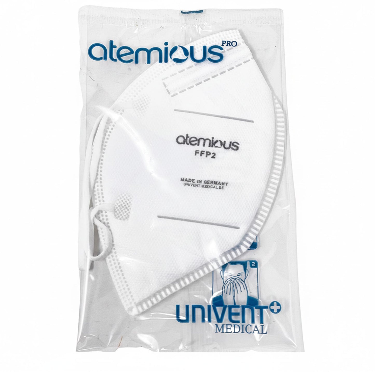 Frontalansicht der atemious X5 FFP2-Atemschutzmaske in Weiß – hochwertige Schutzmaske Made in Germany mit CE-Zertifizierung und weichen, elastischen Ohrschlaufen.