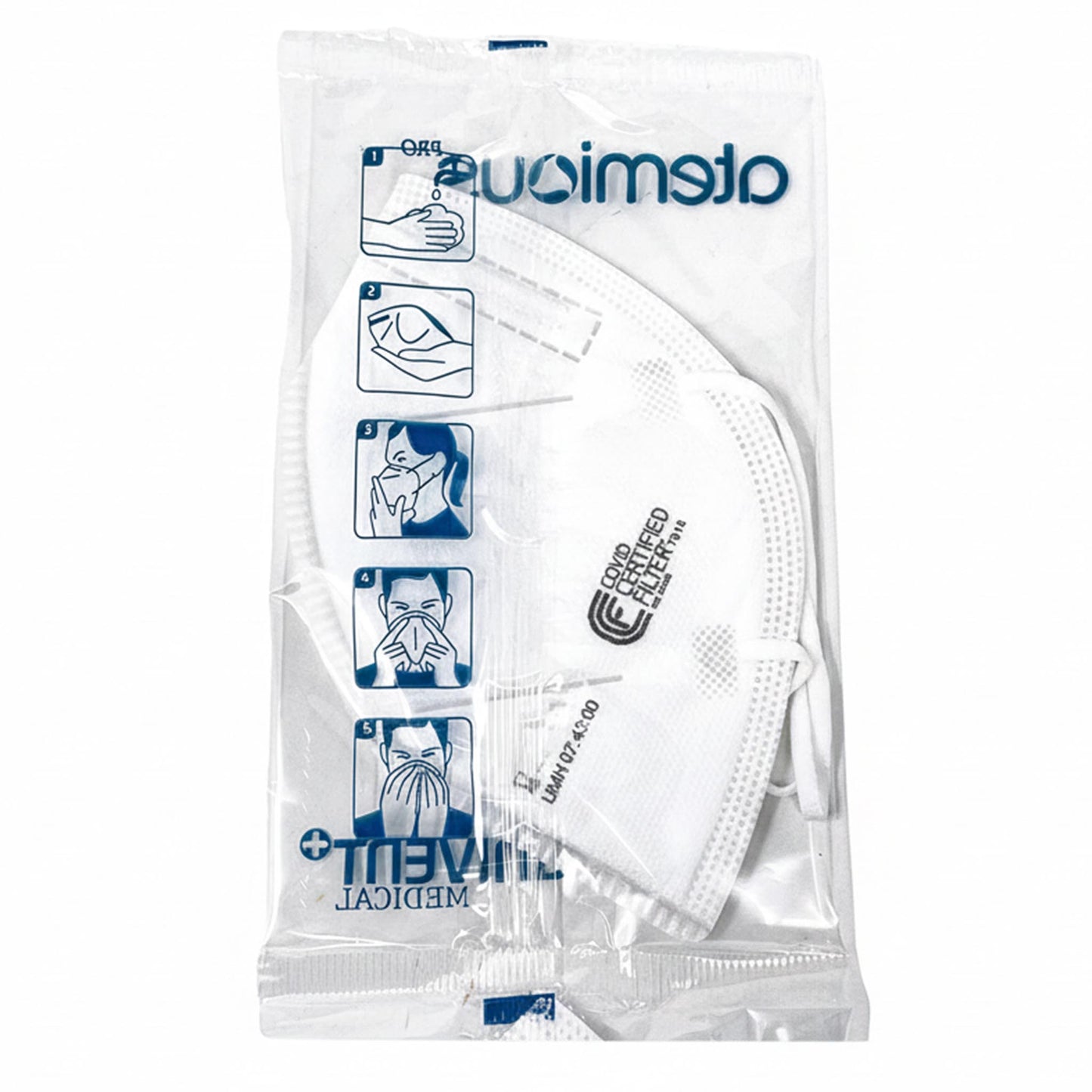 Frontalansicht der atemious X5 FFP2-Atemschutzmaske in Weiß – flach gefaltete Premium-Maske Made in Germany mit CE-Zertifizierung und weichem Komfort-Vlies.