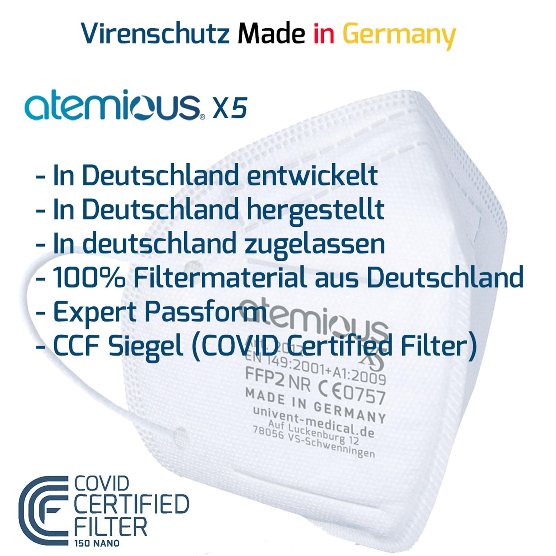 atemious X5 FFP2-Atemschutzmaske in Weiß – Made in Germany mit Zertifikat CE0757 (IFT Rosenheim), hochwertiges Komfort-Vlies und optimierte Passform.