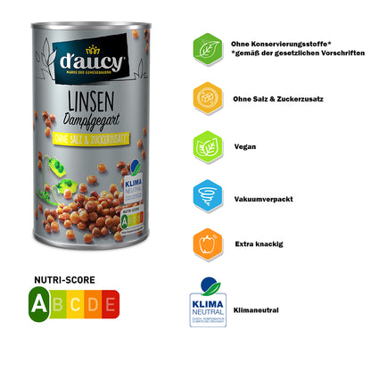 d'aucy Linsen - 100% ohne Salz & Zuckerzusatz, 4er Pack = 12 x 110g Dosen