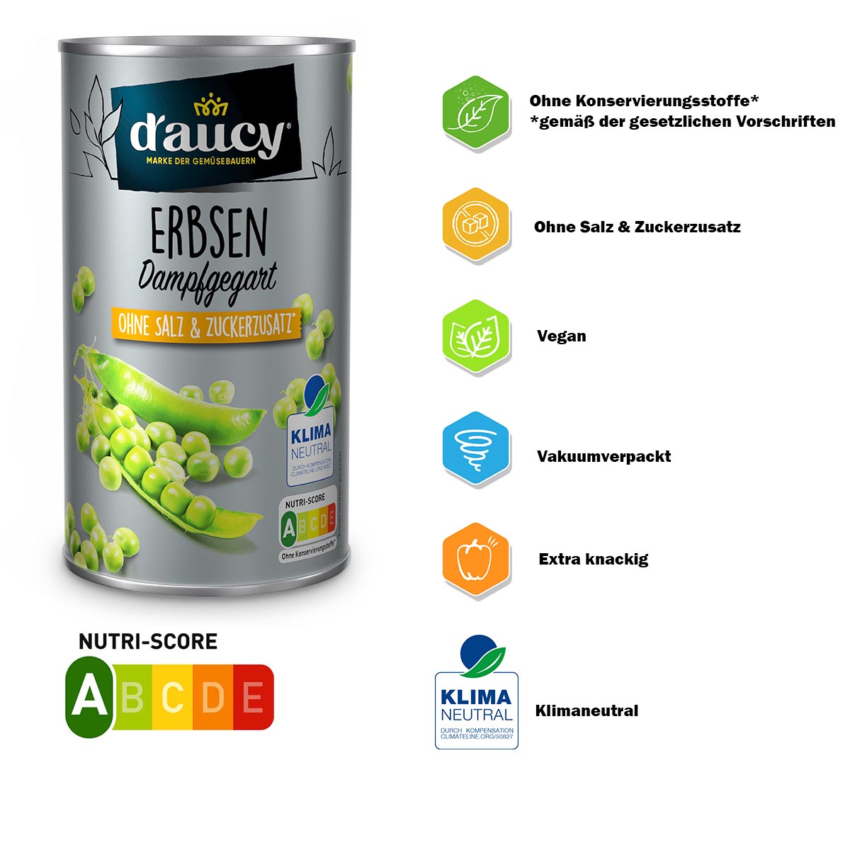 d'aucy Erbsen - 100% ohne Salz und Zuckerzusatz  4 Pack = 12 x 110 Gramm Dose