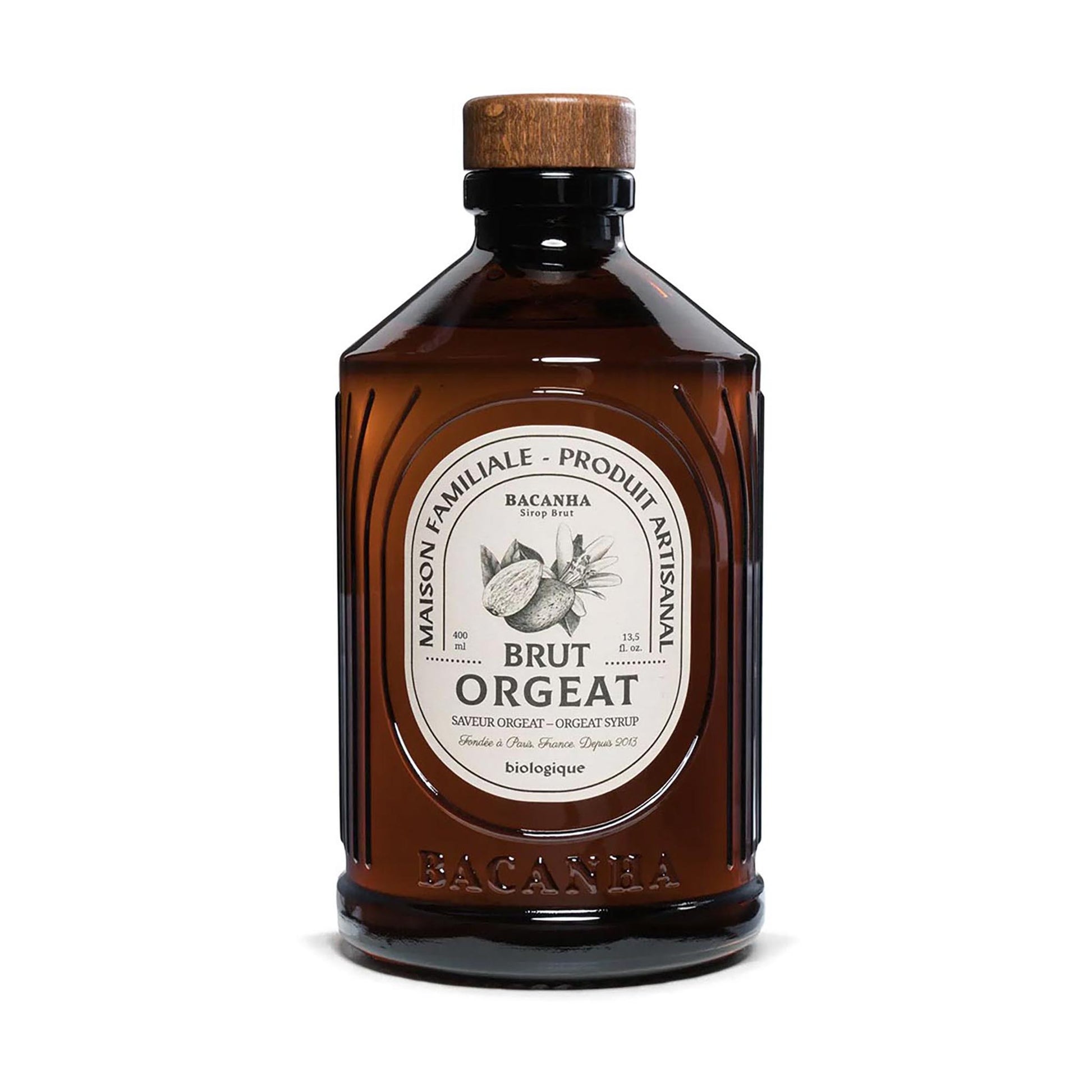 Bacanha Bio Orgeat Sirup Brut 400 ml – französischer Mandel-Orgeat-Sirup in brauner Glasflasche mit Holzverschluss, Bio-zertifiziert und natürlich gesüßt mit Bio-Rohrzucker.