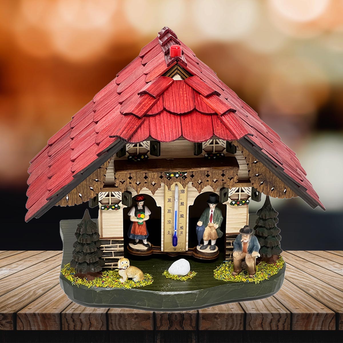 Schwarzwald Wetterstation aus Holz, handgefertigt, 22cm, Thermometer, Figuren