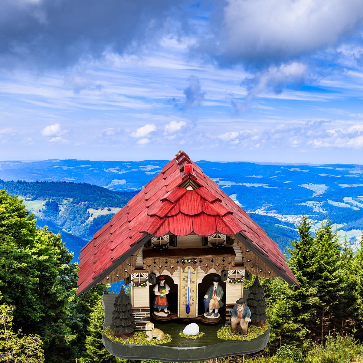 Schwarzwald Wetterstation aus Holz, handgefertigt, 22cm, Thermometer, Figuren