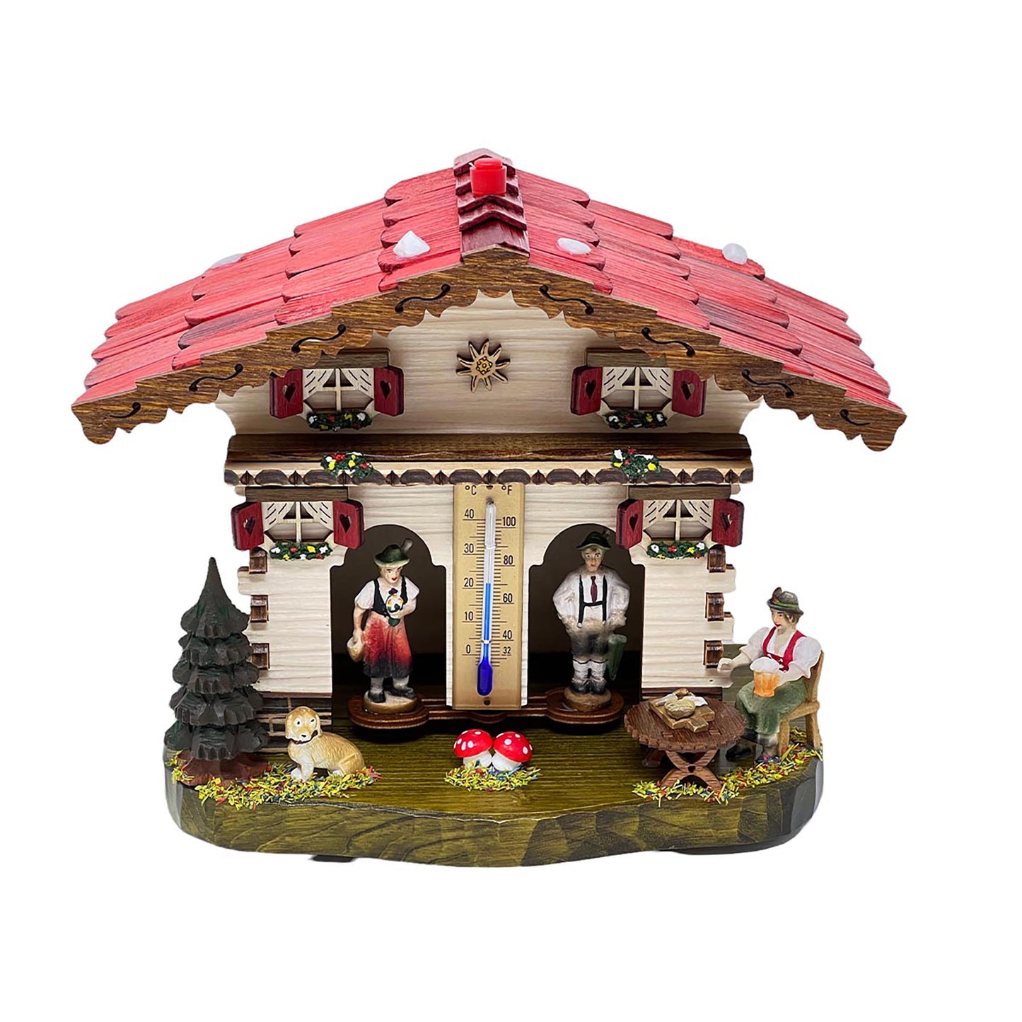 Traditionelles Schwarzwälder Wetterhaus aus Holz mit Thermometer – Handgefertigte Wetterstation mit Figuren in Tracht, Hund und Fliegenpilz-Dekoration, hergestellt im Schwarzwald.