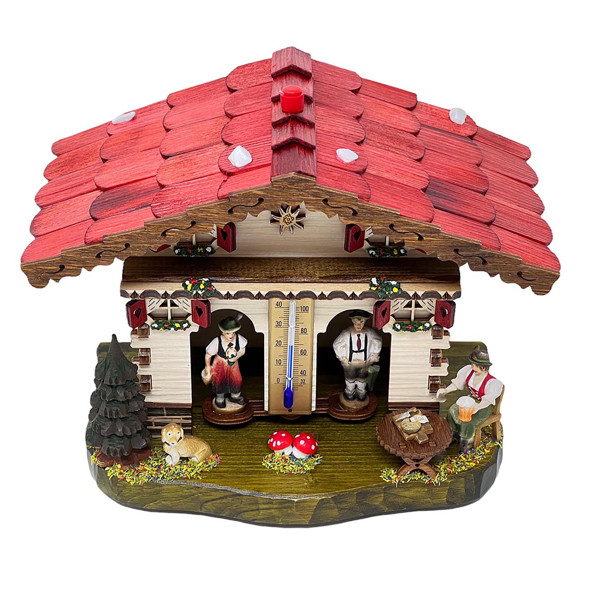 Original Schwarzwälder Wetterhaus in der Seitenansicht – Handgefertigte Wetterstation aus Holz mit rotem Schindeldach, integriertem Thermometer und detailreichen Figuren in traditioneller Tracht.