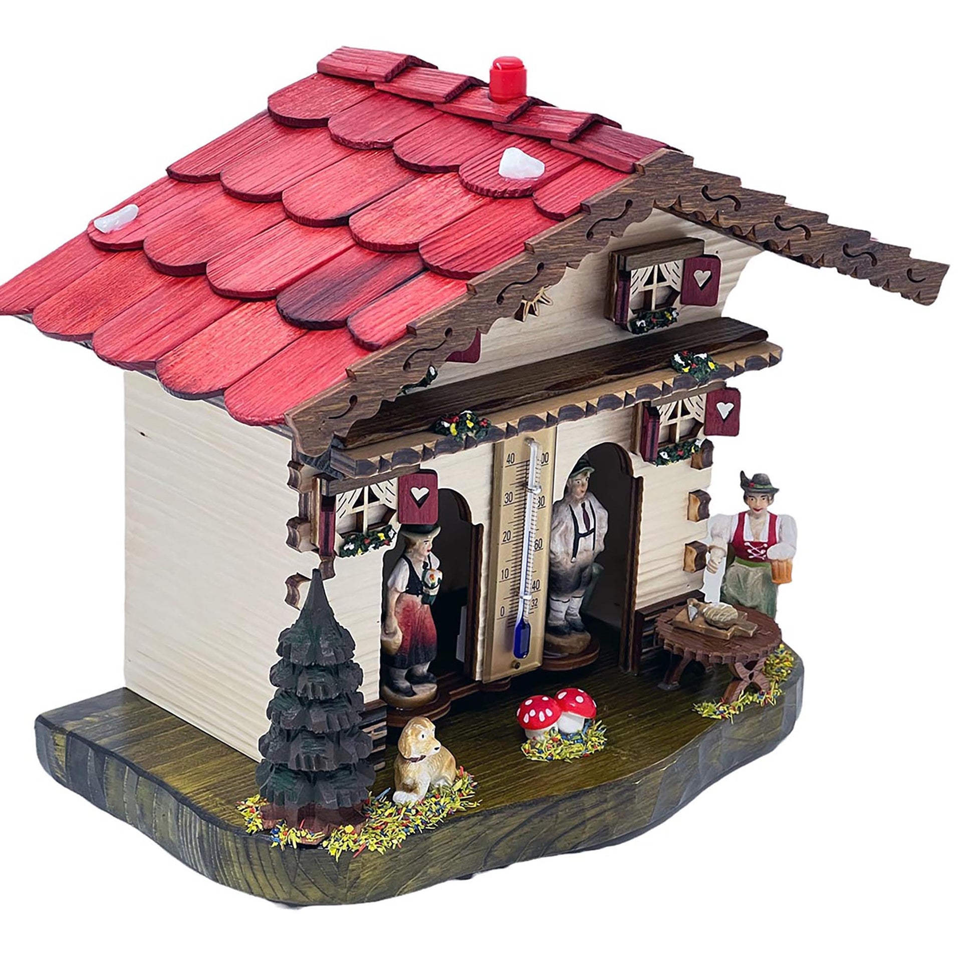 Original Schwarzwälder Wetterhaus aus Holz in der Dreiviertel-Seitenansicht – Handgefertigte Wetterstation mit rotem Schindeldach, Thermometer und traditionellen Schwarzwald-Figuren.