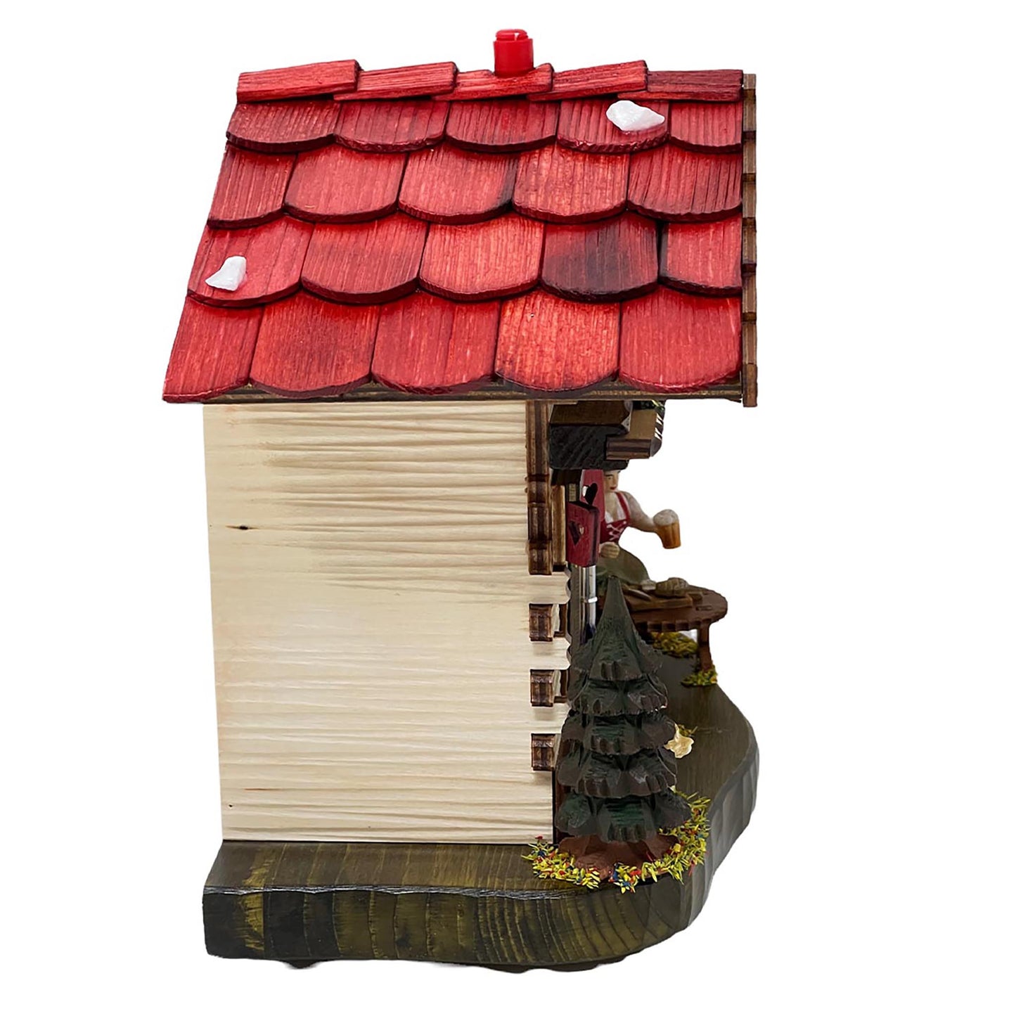 Seitenansicht einer original Schwarzwälder Wetterstation aus Holz – Handgefertigtes Wetterhäuschen mit rotem Schindeldach, dekorativer Tanne und detailreichen Schnitzereien.