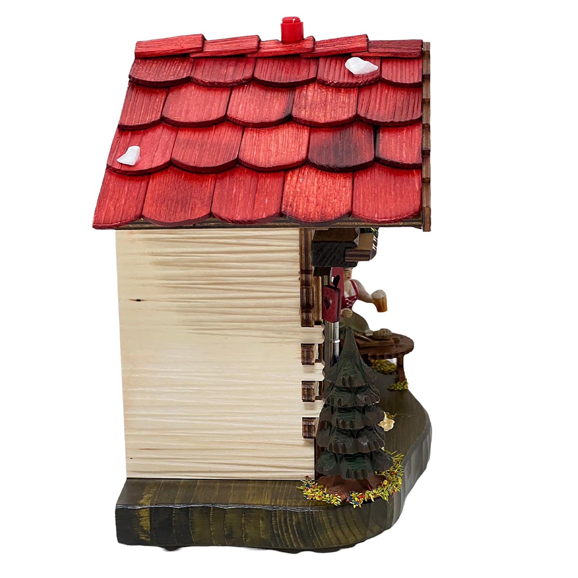 Seitenansicht einer original Schwarzwälder Wetterstation aus Holz – Handgefertigtes Wetterhäuschen mit rotem Schindeldach, dekorativer Tanne und detailreichen Schnitzereien.