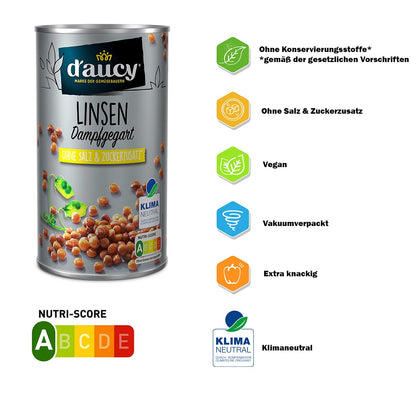 d'aucy Linsen - 100% ohne Salz und Zuckerzusatz, 6 x 285 g Dosenpackung
