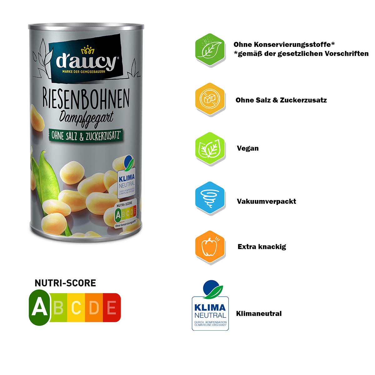 d'aucy Weiße Riesenbohnen - 100% ohne Salz/Zucker,   6 x 285g Dose