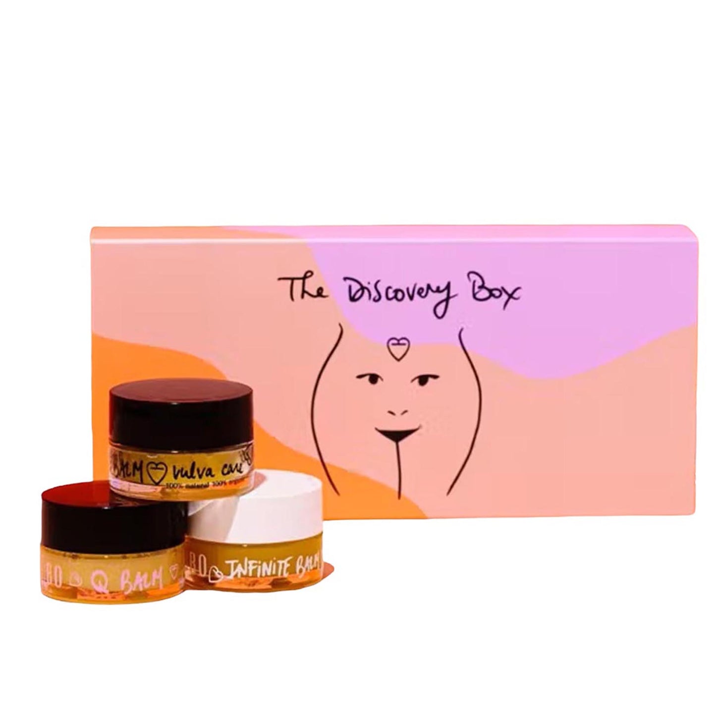 Baûbo The Discovery Box (3 x 15 ml) – Probierset mit drei Bio-Balsamen (Vulva Care, Q Balm, Infinite Balm) für die natürliche Ganzkörperpflege, inklusive farbenfroher Geschenkverpackung.