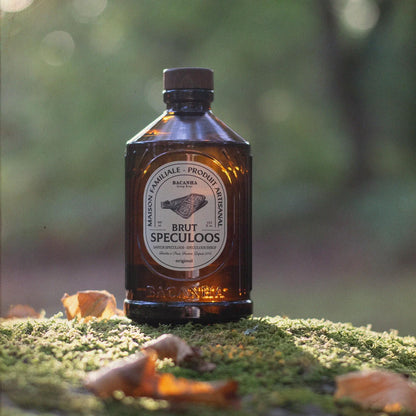 Bacanha Sirop Brut de Speculoos Bio – französischer Bio-Spekulatius-Sirup in Glasflasche auf moosigem Waldboden im natürlichen Licht