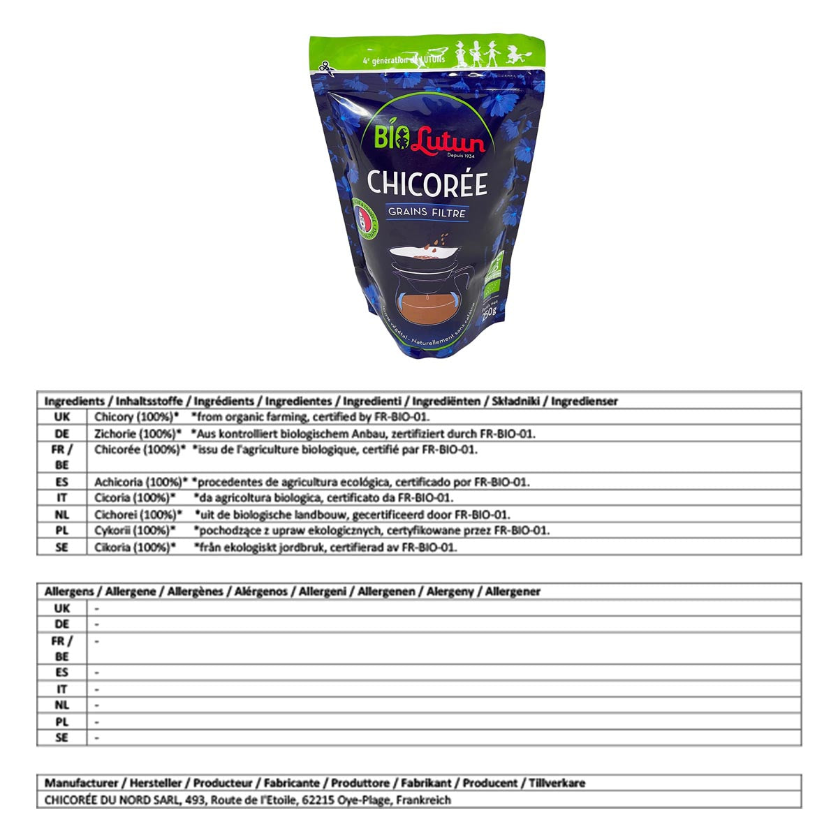 LUTUN Bio Chicorée Körner geröstet – Koffeinfrei aus Zichorie, 250 gramm