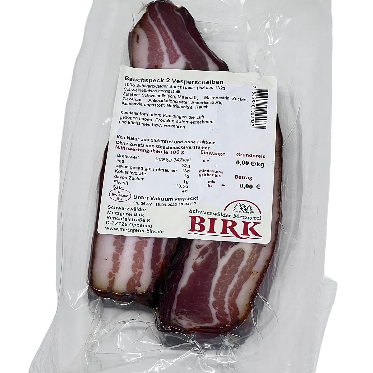 Schwarzwaldmetzgerei Birk Schwarzwälder Vesperspeck von der Schmalseite 2 Stck