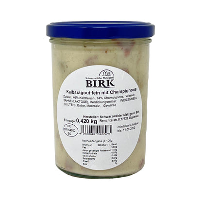 Schwarzwälder Metzgerei Birk Fertiggericht Kalbsragout fein mit Champignons 420 Gr.