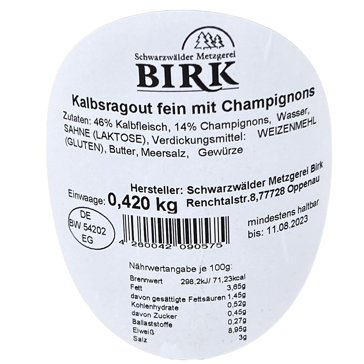 Schwarzwälder Metzgerei Birk Fertiggericht Kalbsragout fein mit Champignons 420 Gr.
