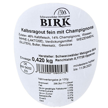 Schwarzwälder Metzgerei Birk Fertiggericht Kalbsragout fein mit Champignons 420 Gr.