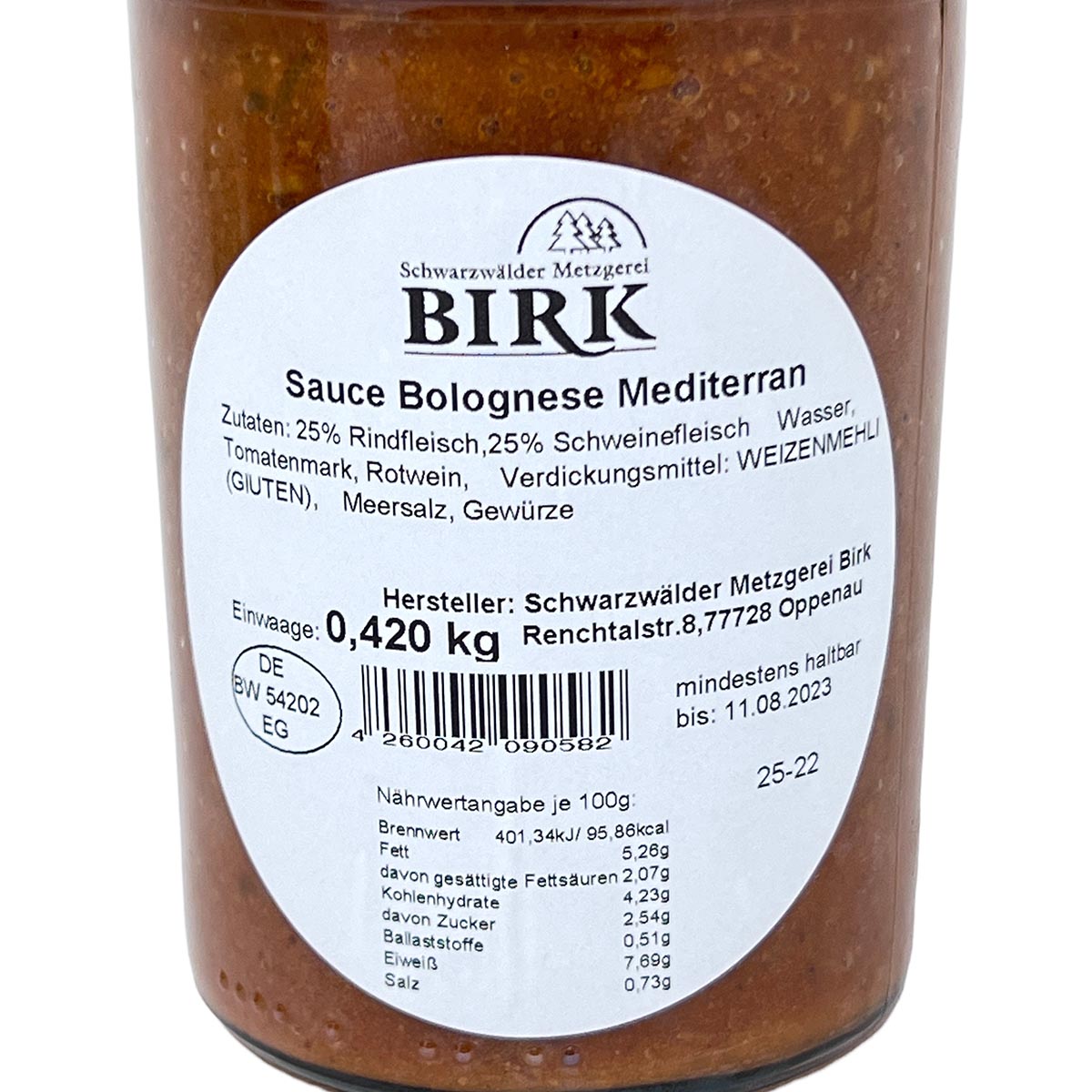 Schwarzwälder Metzgerei Birk Fertiggericht Sauce Bolognese Mediterran 420 Gramm
