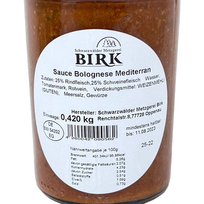 Schwarzwälder Metzgerei Birk Fertiggericht Sauce Bolognese Mediterran 420 Gramm