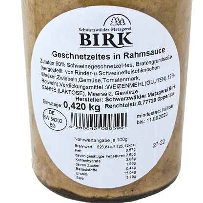 Schwarzwälder Metzgerei Birk  Geschnetzeltes in Rahmsoße nach Traditionsrezept