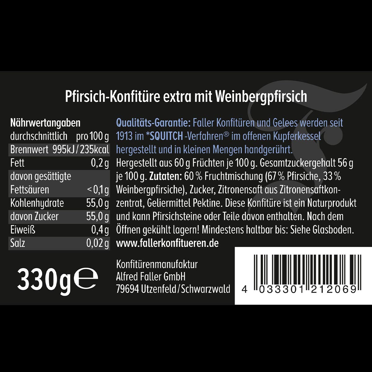 Schwarzwald-Tracht: Faller Weinbergpfirsich Konfitüre extra, 60% Frucht, 330g