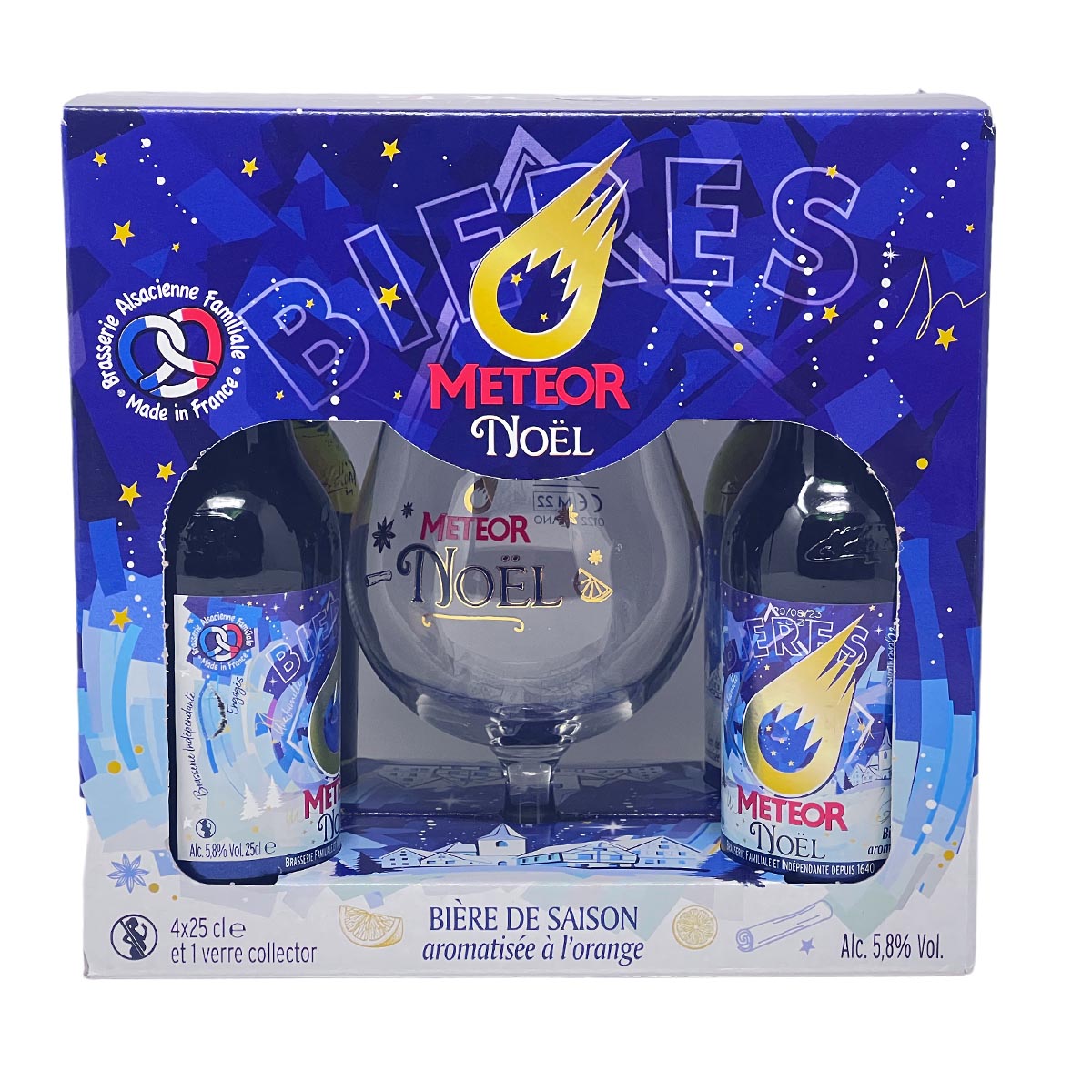 - 50 % Rabatt - Meteor Noël Weihnachtsbier mit Orangengeschmack 4x 25cl mit Sammlerglas