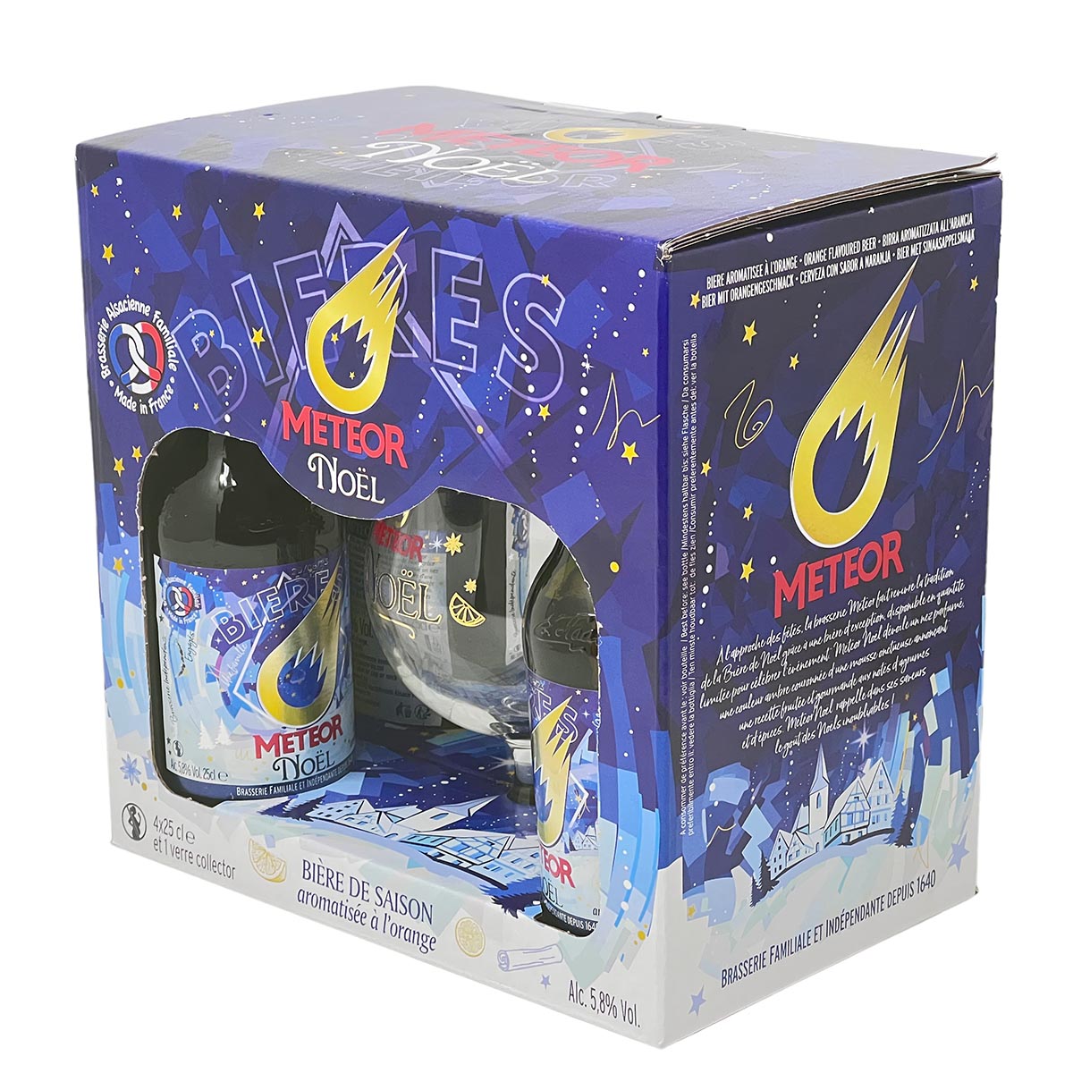 - 50 % Rabatt - Meteor Noël Weihnachtsbier mit Orangengeschmack 4x 25cl mit Sammlerglas