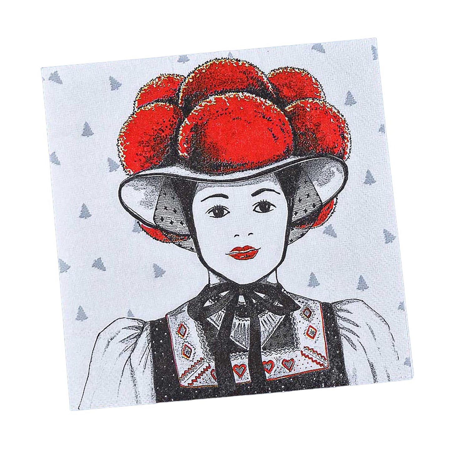 Papierservietten mit Schwarzwald-Motiv: Illustration einer Frau in traditioneller Tracht mit rotem Bollenhut vor dezentem Tannenmuster.