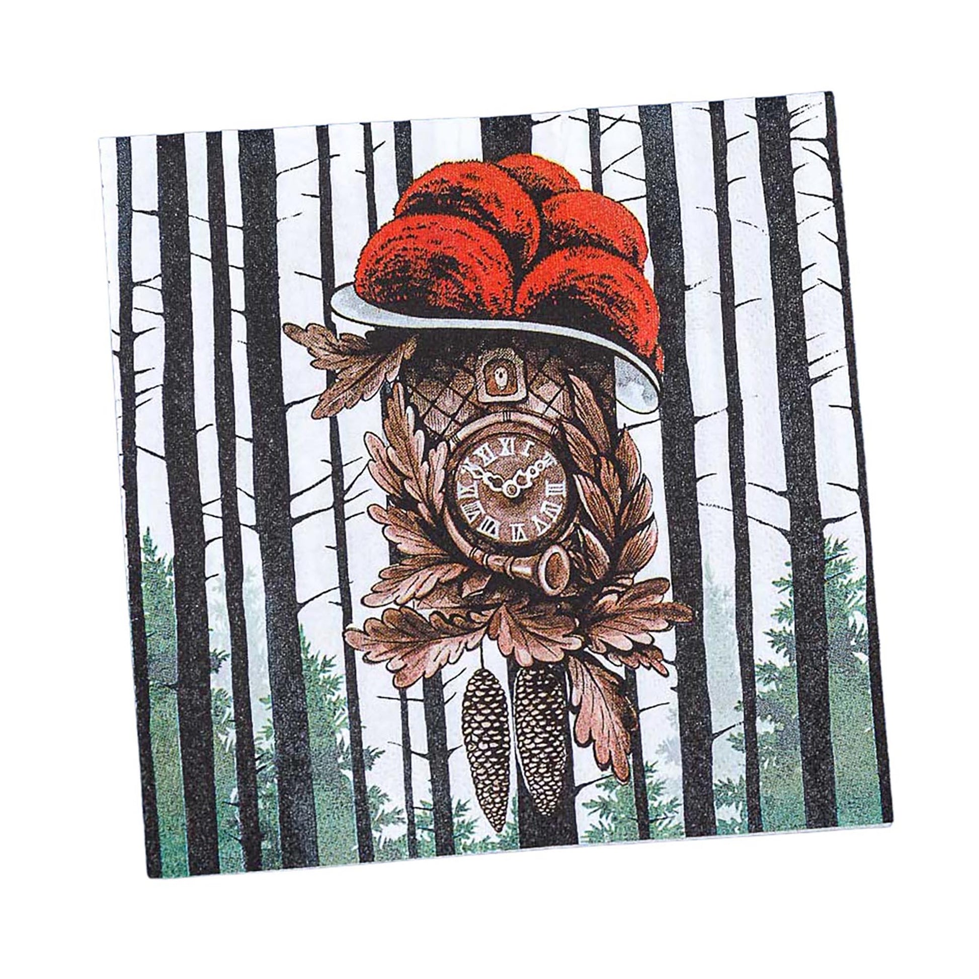 Schwarzwald-Servietten mit Kuckucksuhr-Motiv und rotem Bollenhut – dekorative Papierservietten im Landhausstil vor dunklem Waldhintergrund.