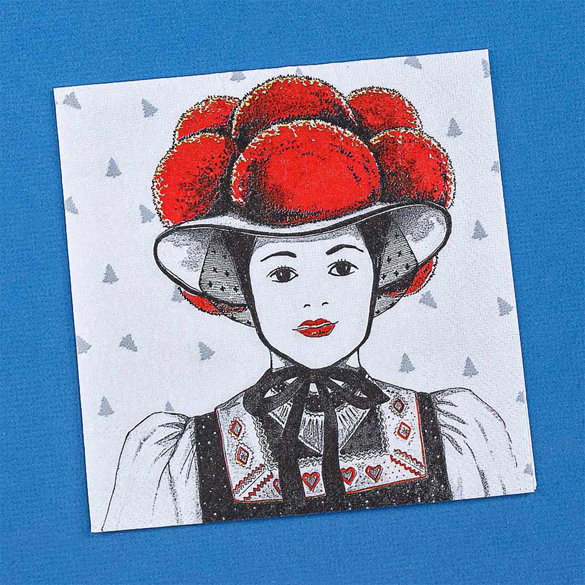 Quadratische Schwarzwald-Serviette mit Hirsch-Motiv und rotem Bollenhut auf blauem Hintergrund – 20 Stück Packung für Tischdekoration im Landhausstil.