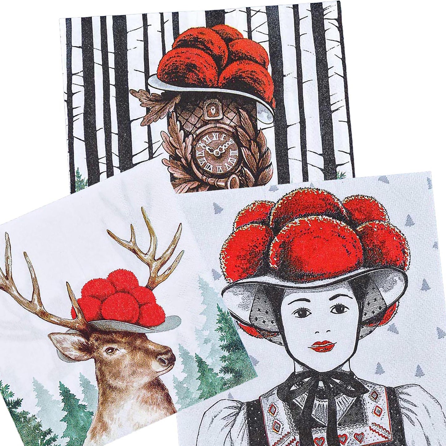 Detailansicht einer Papierserviette mit Schwarzwälder Kuckucksuhr, verziert mit einem roten Bollenhut vor einem dunklen Tannenwald.