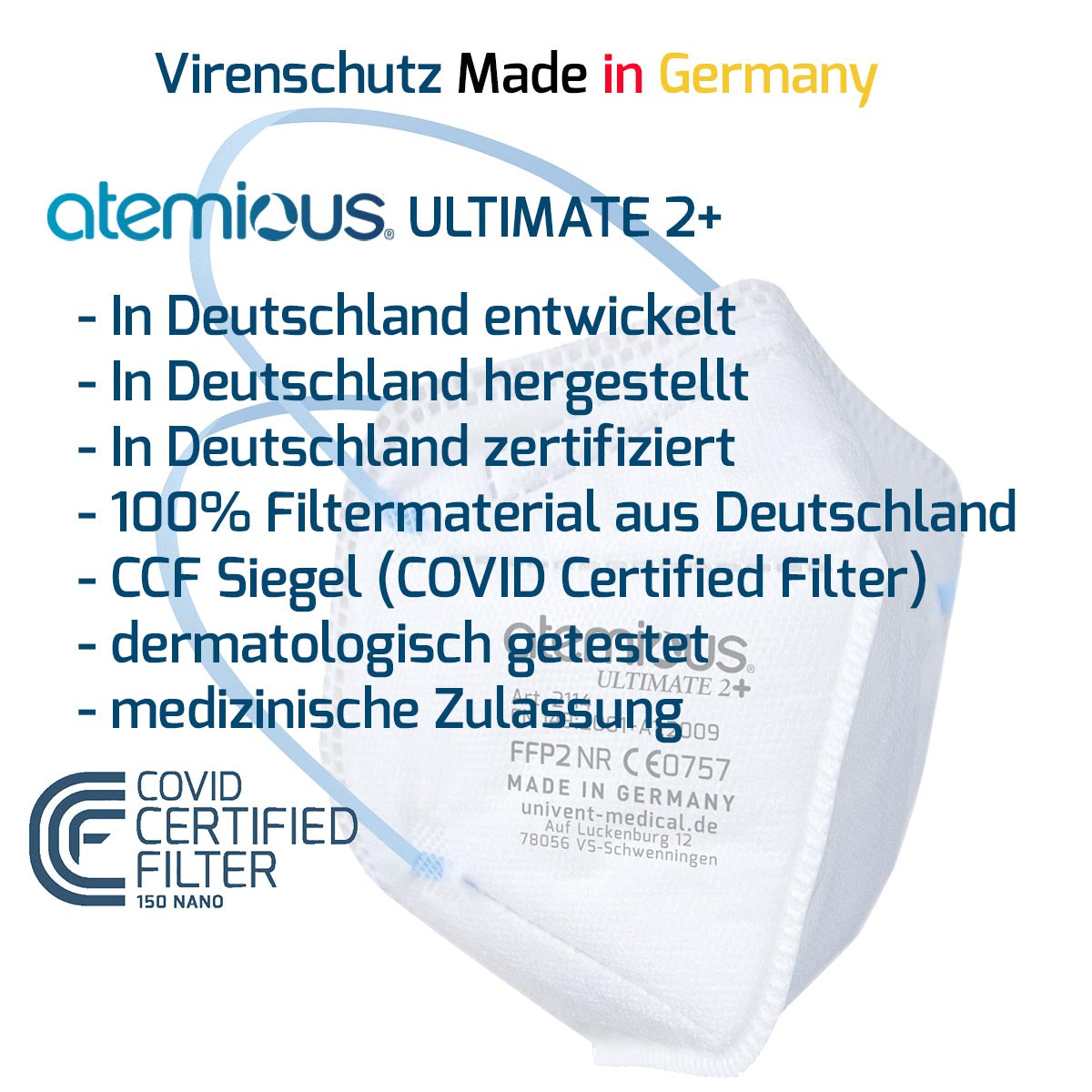 atemious ULTIMATE 2+  Medizinische Atemschutzmaske - Mit Komfort-Kopfbändern für druckfreies Tragen