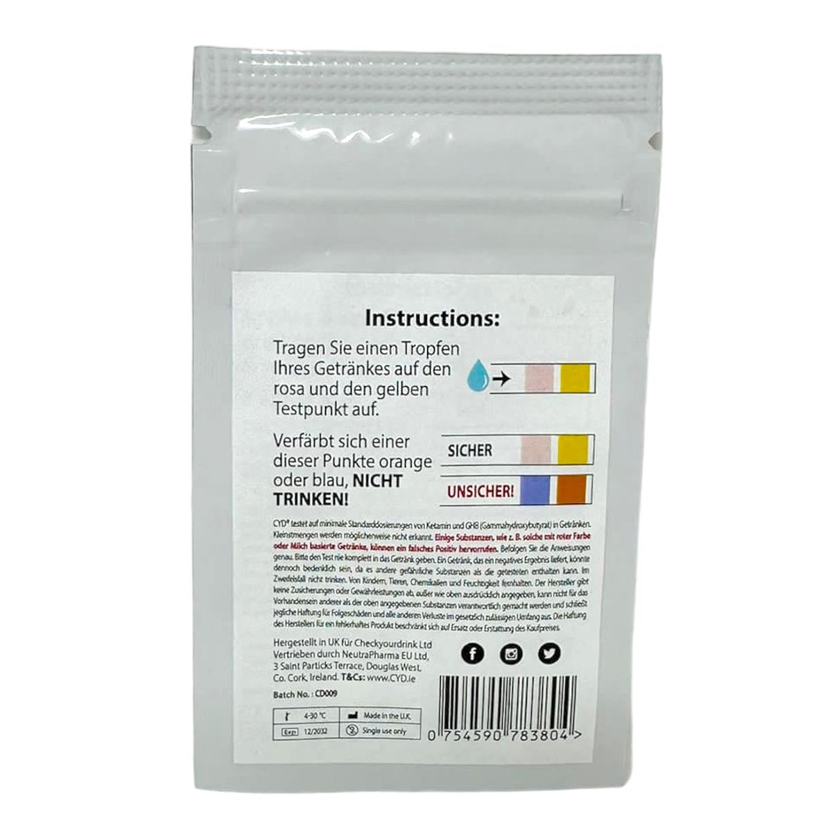 Schützen Sie sich mit CYD®: 10 Teststreifen für Ketamin & GHB in Getränken!