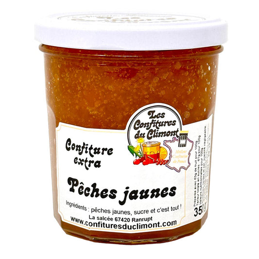 Les Confitures du Climont gelbe Pfirsich-Konfitüre extra „Pêches jaunes“ im Glas mit weißem Deckel, handwerklich hergestellt im Elsass, Produktansicht auf weißem Hintergrund.