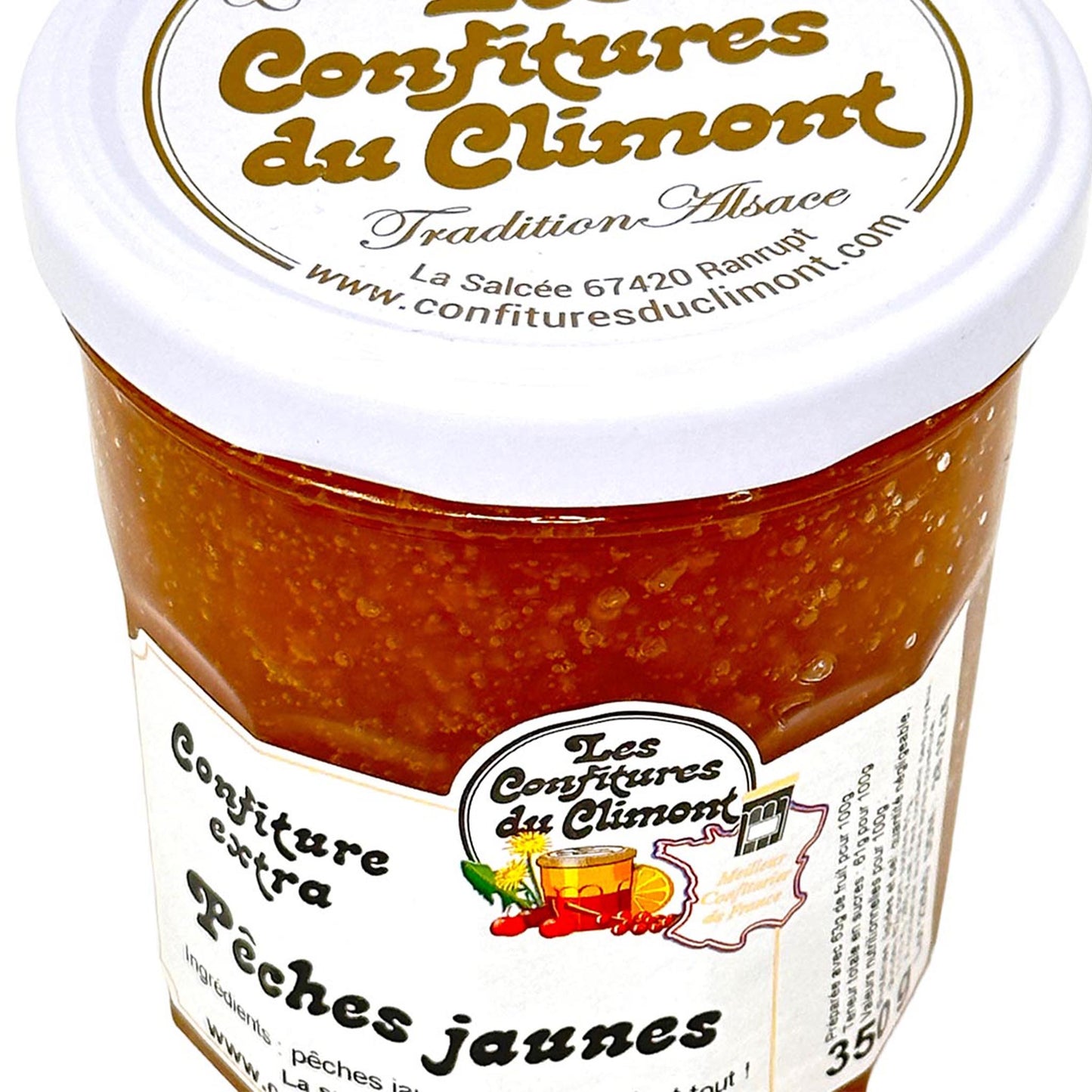 Les Confitures du Climont gelbe Pfirsich-Konfitüre extra „Pêches jaunes“ im Glas mit weißem Deckel, handwerklich hergestellte französische Konfitüre aus dem Elsass, Detailansicht des Produkts.