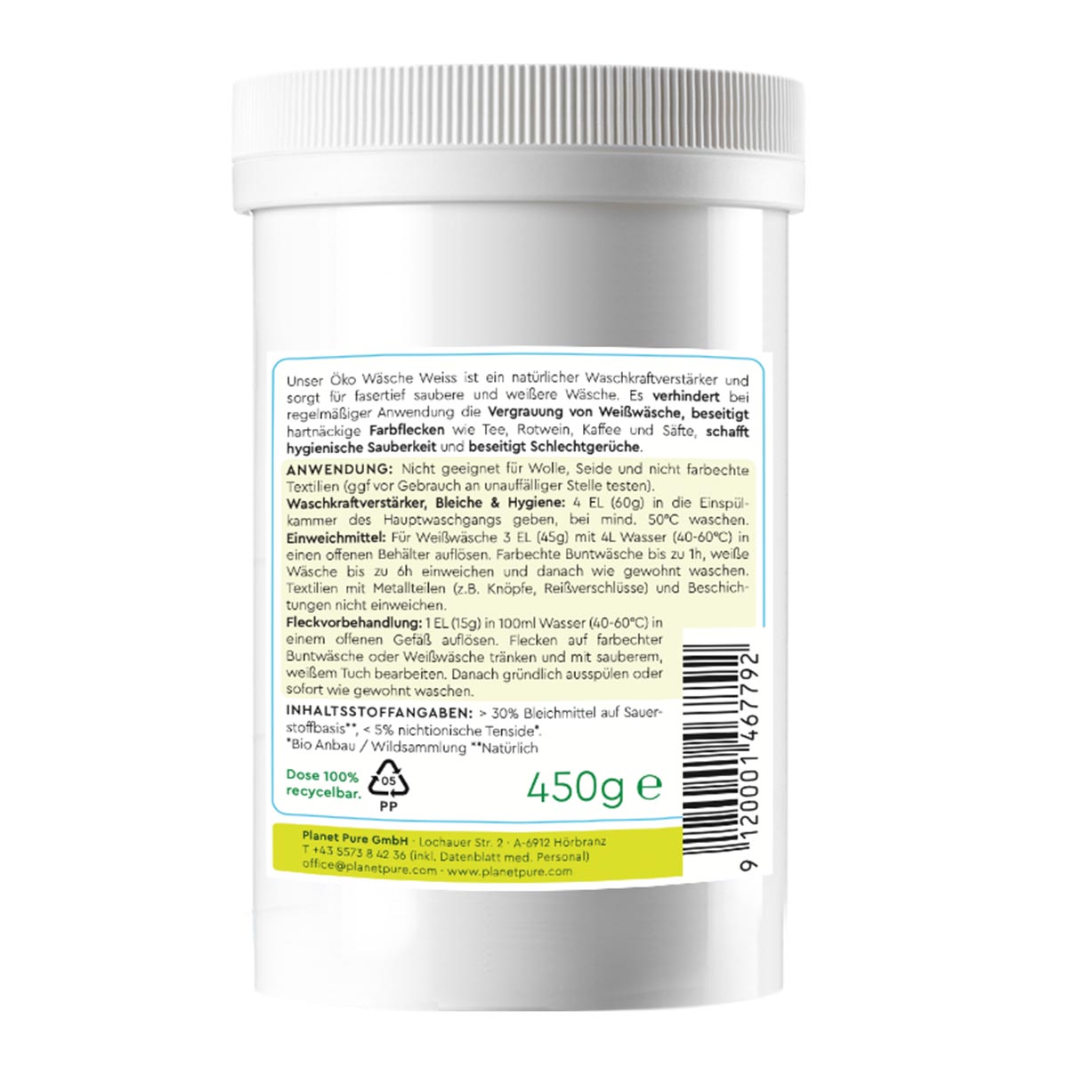 PLANET PURE Öko Wäsche Weiss fasertief saubere Wäsche milde Sauerstoffbleiche 450 g