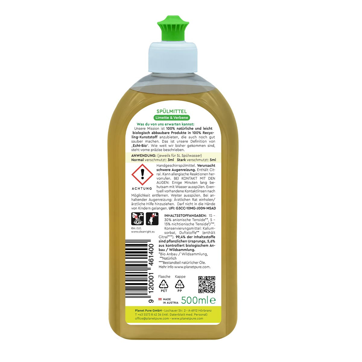 PLANET PURE Spülmittel Limette & Verbene spült mit Hoher Fettlösekraft 500 ml