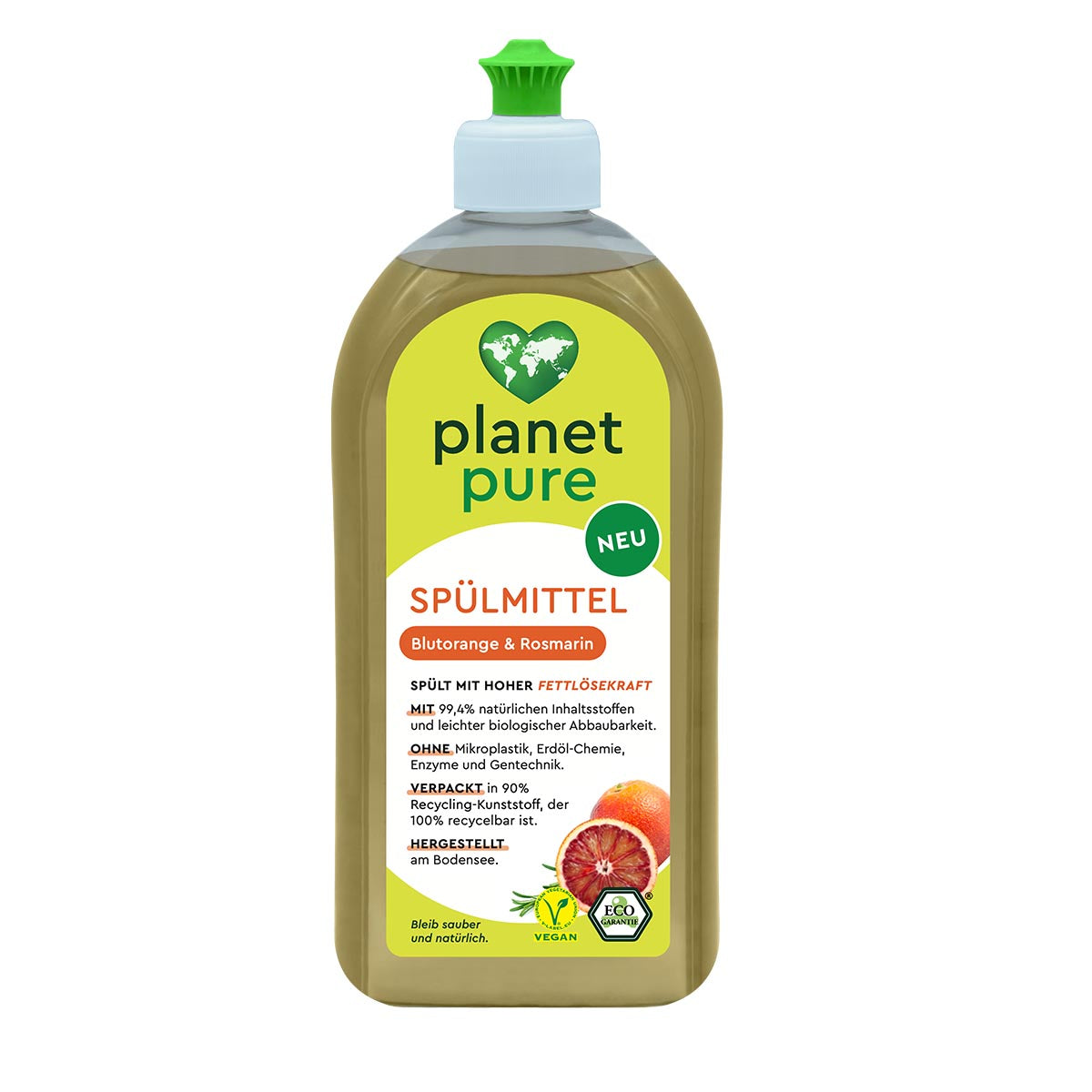 PLANET PURE Spülmittel Blutorange & Rosmarin: Effektive Fettlösekraft, 500 ml