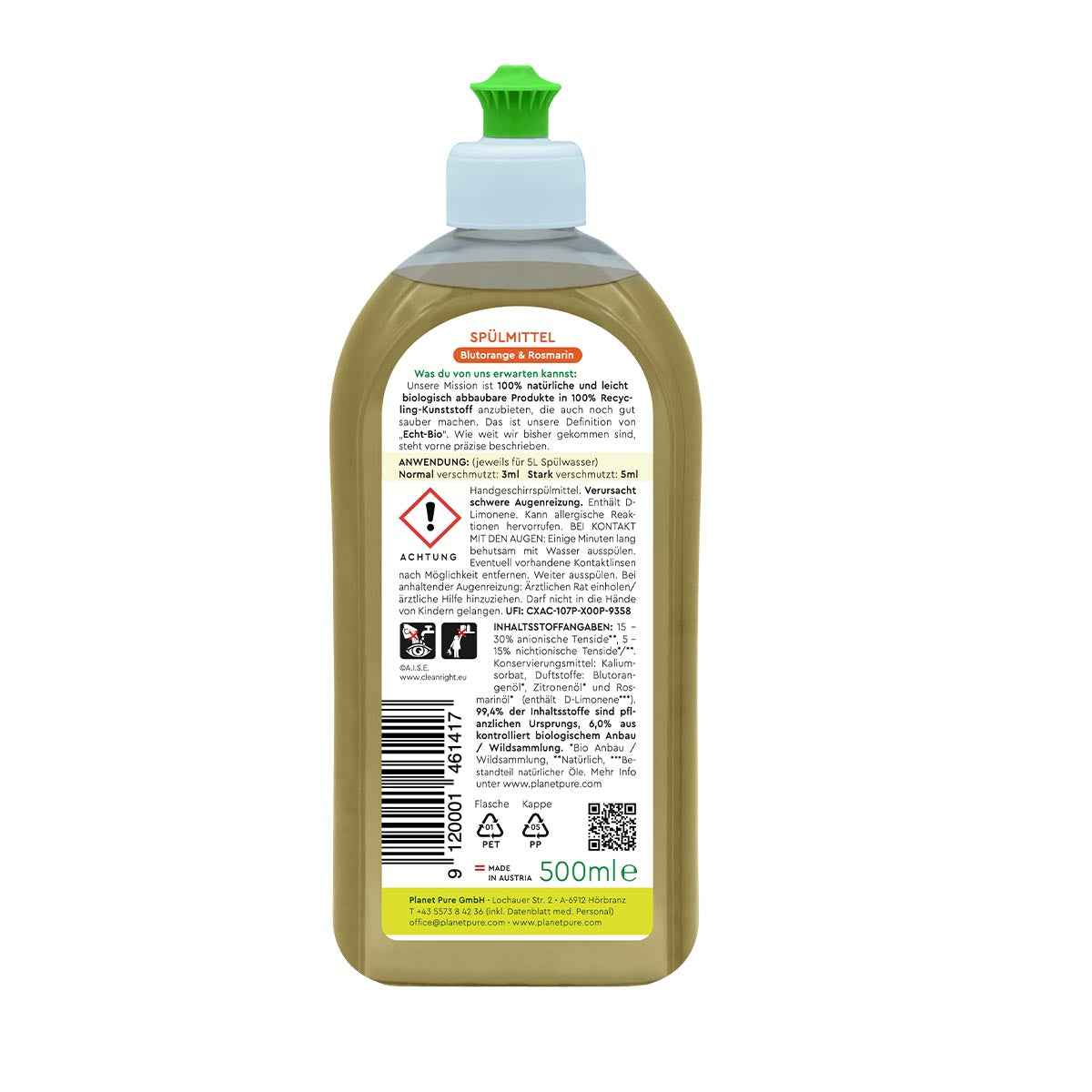 PLANET PURE Spülmittel Blutorange & Rosmarin: Effektive Fettlösekraft, 500 ml