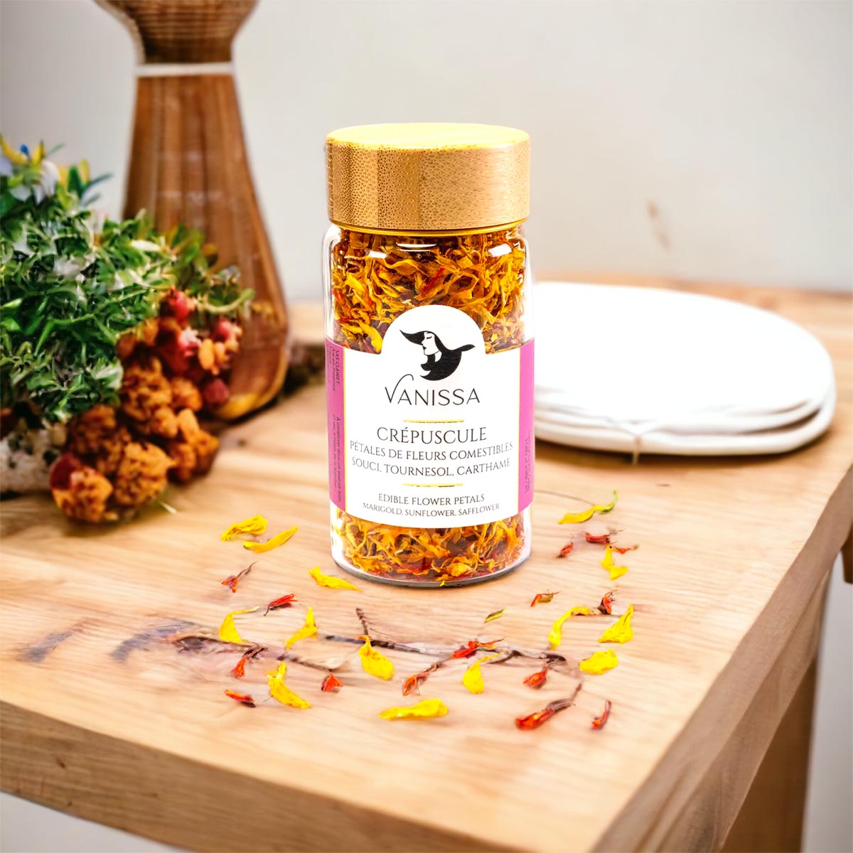 Vanissa Abenddämmerung - Essbare Blütenblätter: Ringelblume, Sonnenblume, Saflor im Glasbehälter