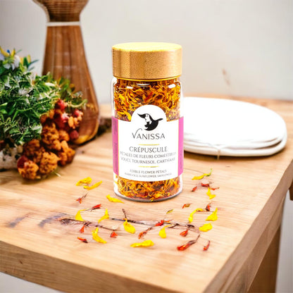 Vanissa Abenddämmerung - Essbare Blütenblätter: Ringelblume, Sonnenblume, Saflor im Glasbehälter
